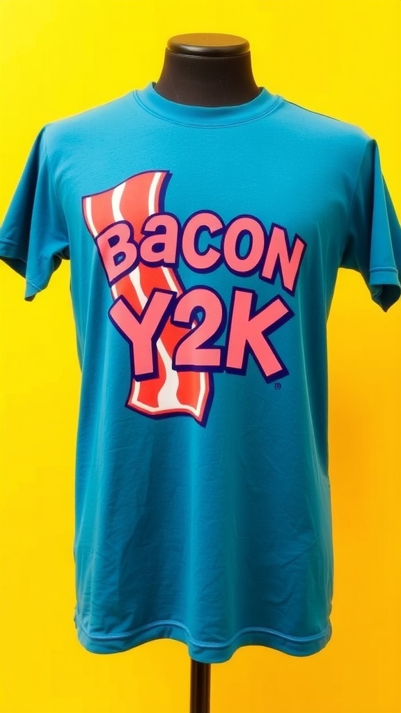 Bacon Y2K graphic t-shirt with a colorful design against a bright background.